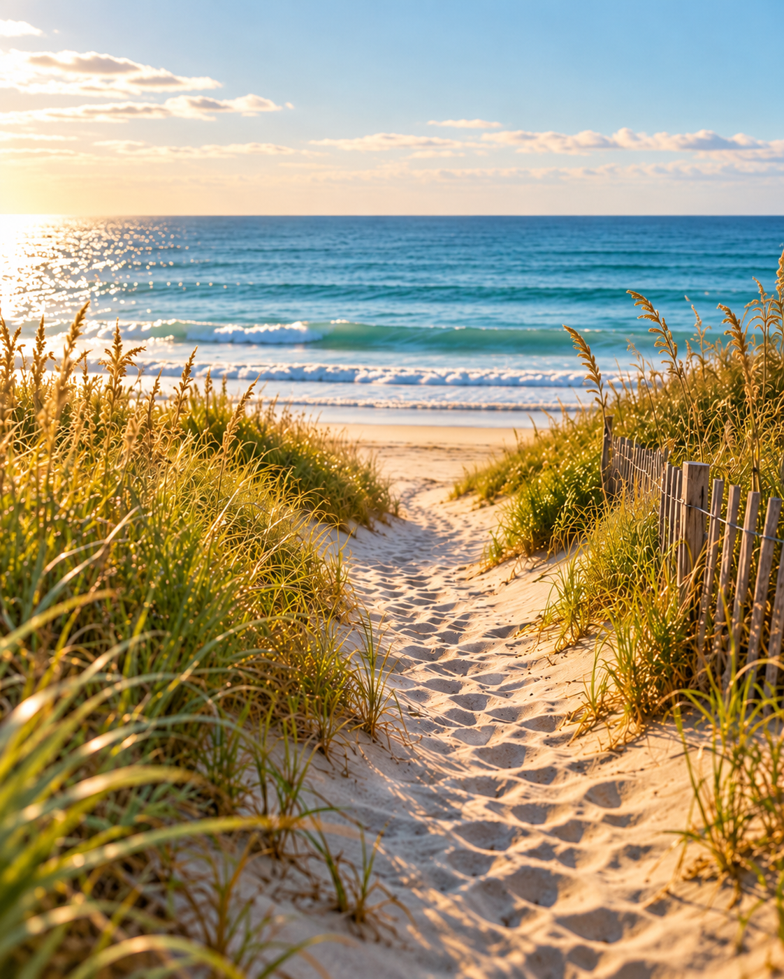 A sunlit coastal path leading toward the sea