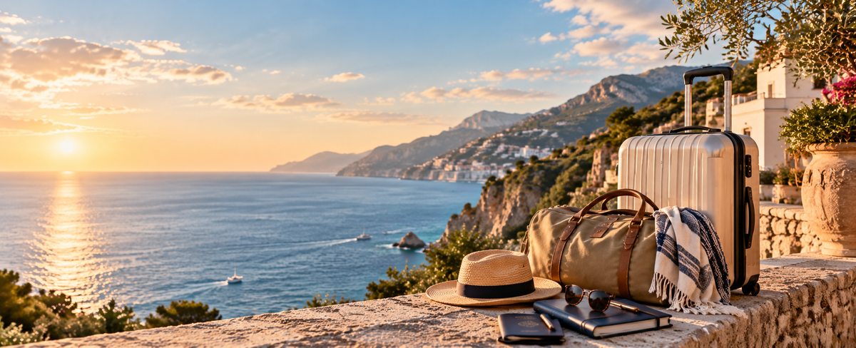 Luggage and a journal overlooking a sunlit coastline