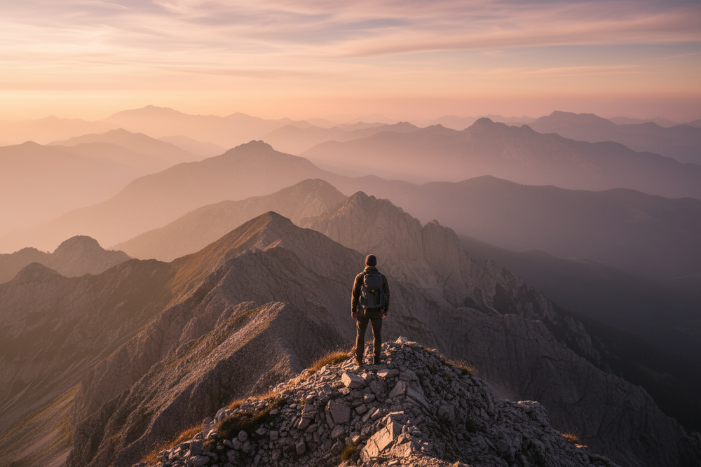 A traveler looking across mountain peaks at sunrise